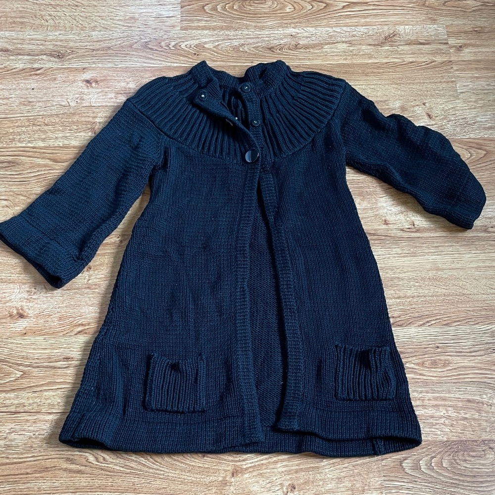 Black Knit Cardigan Sweater Small Button Front Ribbed Collar Cozy Layering